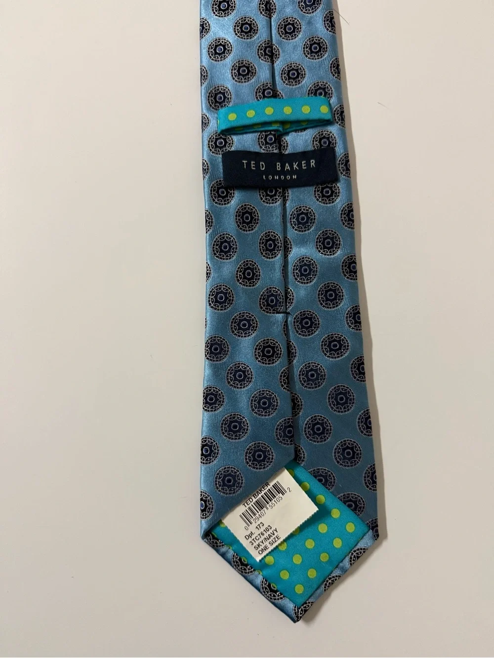 Ted‎ Baker Mens Silk Necktie Light Blue Circle Medallions Polka Dot Lining 58
